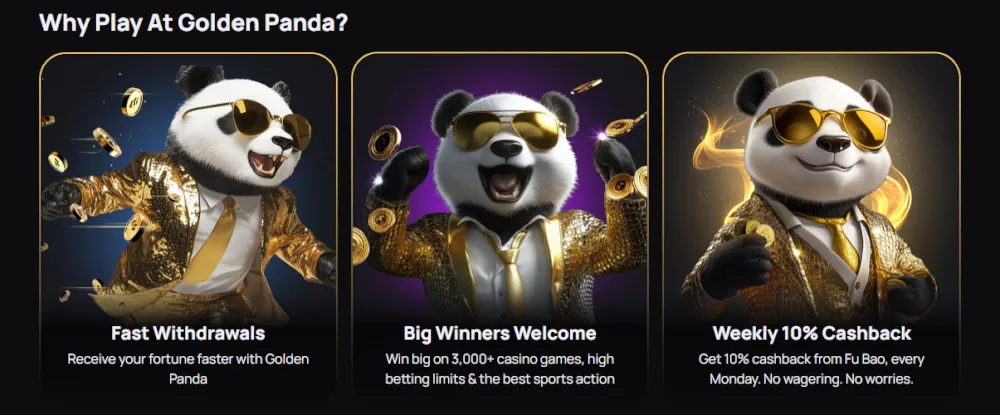 Fordeler med Golden Panda casino inkluderer raske uttak og 10% ukentlig cashback.